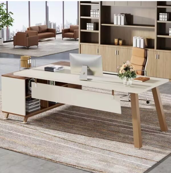 Lanita 71 in. L-Shaped White Wood 2-Drawer Executive Desk with 55 in. Cabinet Large Office Desk with Storage Shelves