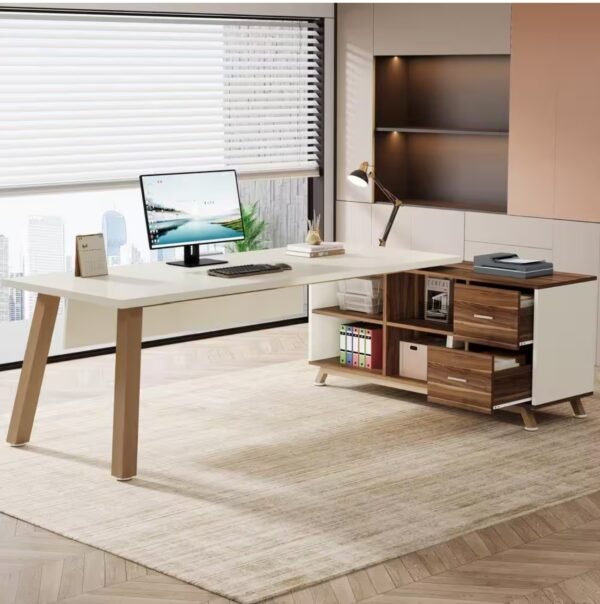 Lanita 71 in. L-Shaped White Wood 2-Drawer Executive Desk with 55 in. Cabinet Large Office Desk with Storage Shelves