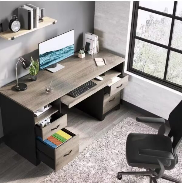 59 in. Rectangular Grey 4-Drawers Computer Executive Desk with 2-Open Storage and Keyboard Tray