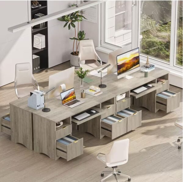 60 in. Wash Grey Fluted Executive Desk with 4-Storage Drawers and Keyboard Tray, Computer Desk for Home Office