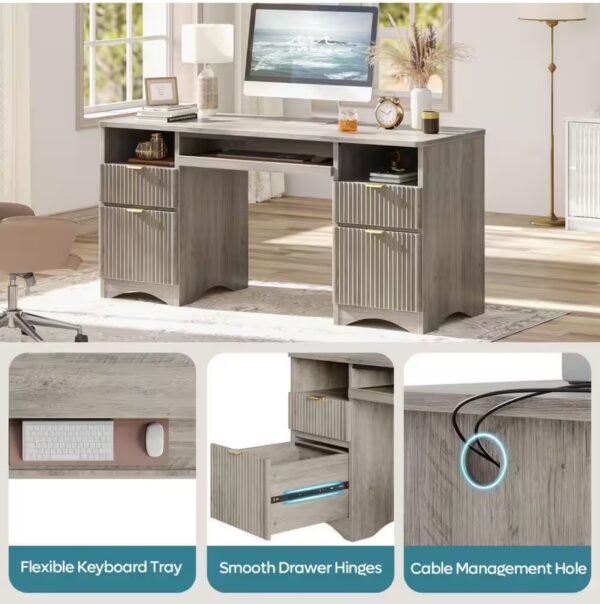 60 in. Wash Grey Fluted Executive Desk with 4-Storage Drawers and Keyboard Tray, Computer Desk for Home Office