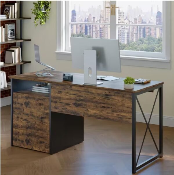55 in. Rectangular Rustic Brown Office Desk with Storage File Drawers and Keyboard Tray